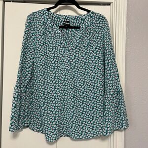 Talbots Washable Silk Blouse Teal Navy Geometric Print Bell Sleeve V-Neck Large
